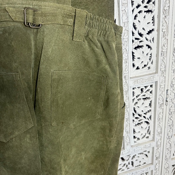 Vintage Don't Stop Genuine Suede Leather Olive Green Khaki Short Overalls Sz XS - Picture 5 of 9